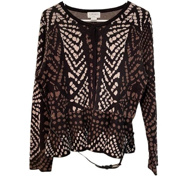 Carmen Marc Valvo Womens Peplum Hem Belted Cardigan PL Animal Print Abstract - Picture 1 of 4